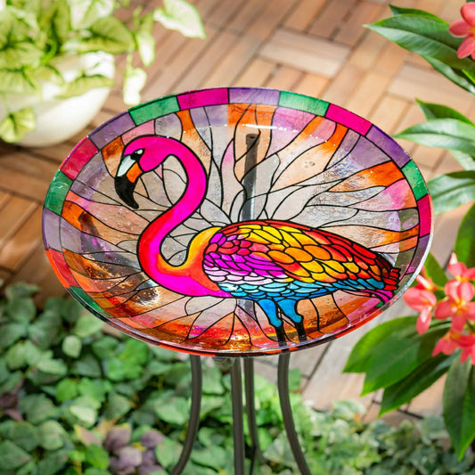 Plow & Hearth / Palm Beach Birdbath, Stained Glass Flamingo Birdbath, 18"
